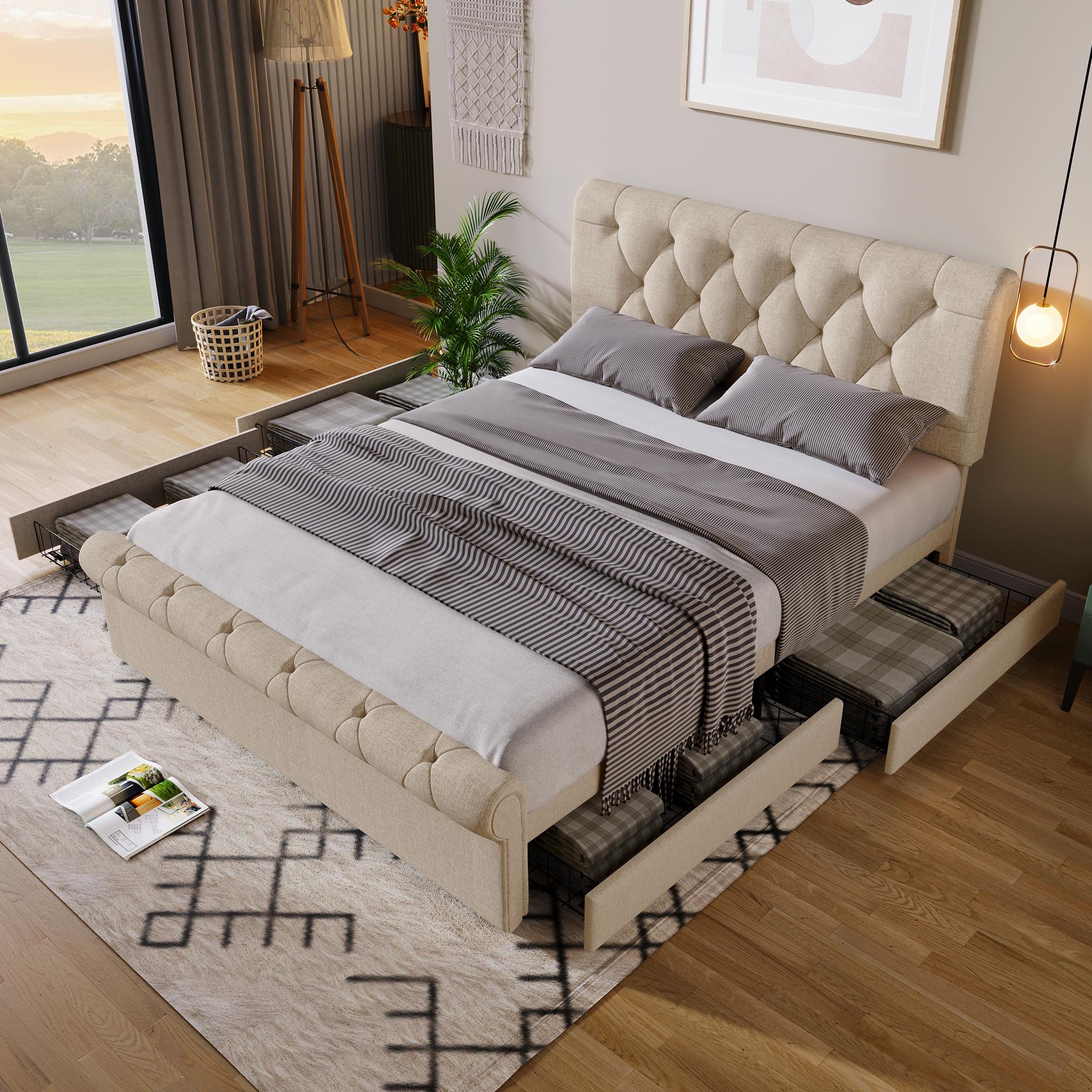 Doppelbett Polsterbett 140x200cm, Bettgestell mit 4 Schubladen und Höhenverstellbarem Kopfteil, Chesterfield Funktionsbett, Natürlich,Ohne Matratze