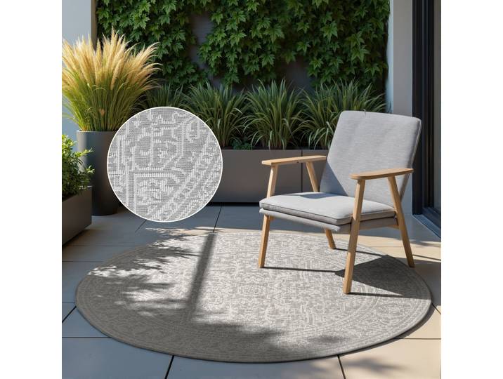 Outdoorteppich HANSE HOME Kona Wendeteppich , grau (weiß, grau), H:5mm Ø:160cm, Polypropylen, Teppiche, Outdoorteppich, In und Outdoor, Flachgewebe, wetterfest, pflegeleicht, robust