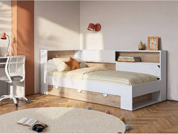 Bett 90 x 190 cm mit Stauraum - Farbe: Weiß und natürlich + Lattenrost + Matratze - TAMADU