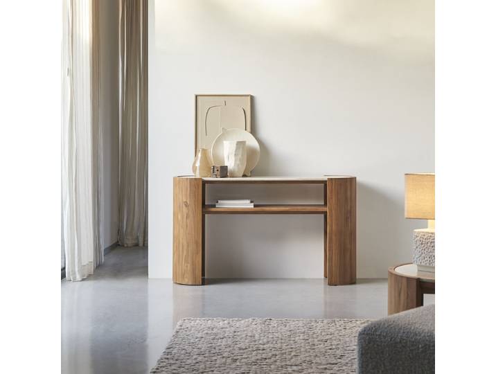 Konsole aus massivem Teakholz und Marmor - Natur - Teak