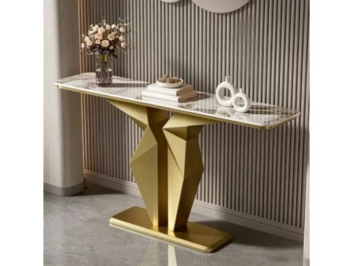 Moderner Konsolentisch mit Steinplatte, schmaler Flurtisch Metallgestell Sintersteinplatte, schlankes Metalldesign, für Flur Eingangsbereich Wohnzimmer(Gold+A,59.1in)