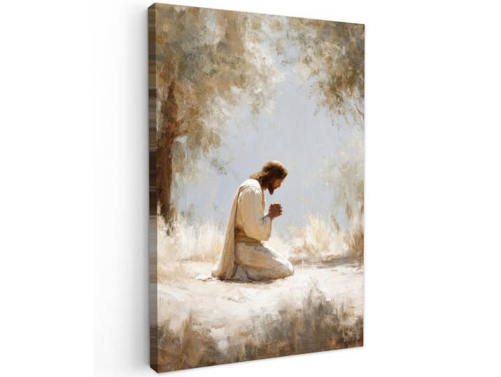 LEINWANDBILD Jesus - Kniend - Waldlandschaft - Betend Deko Groß 90x140 cm