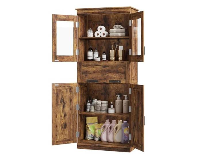 Acekool 67 Hoher Stand-Schrank mit 4 Türen, Glasfront-Umklappbar-Drawer & verstellbaren Böden – Freistehender Aufbewahrungsschrank für Küche, Vorratskammer, Wohnzimmer – Klassisch-Farbe