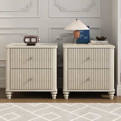 Fluted Wooden Side Table Nightstand with 3 Drawers