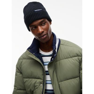 Beanie TOMMY JEANS "LINEAR LOGO BEANIE", Damen, blau (schwarz night navy), Strick, Baumwolle, unifarben, Mützen Beanie, Regular fit mit Markenlabel