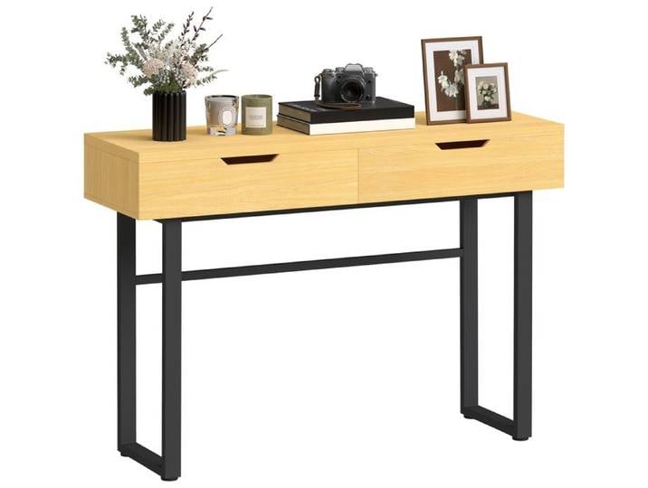 Console meuble - HOMCOM - étroite - 2 tiroirs - cadre en métal sans poignées - panneau de particules - 110x35x76 5cm - bois naturel