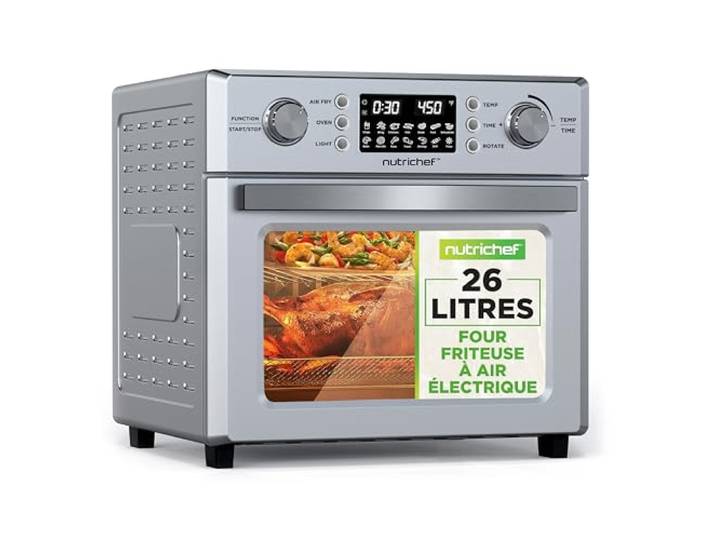 NutriChef Four Friteuse à Air Chaud 26L–Friteuse à Air Électrique 1700W avec Rôtissoire\, Mini Four de Comptoir à Convection\,10 Programmes\, Panier de Friture\,Grille de Cuisson & Plateau Ramasse-Miettes