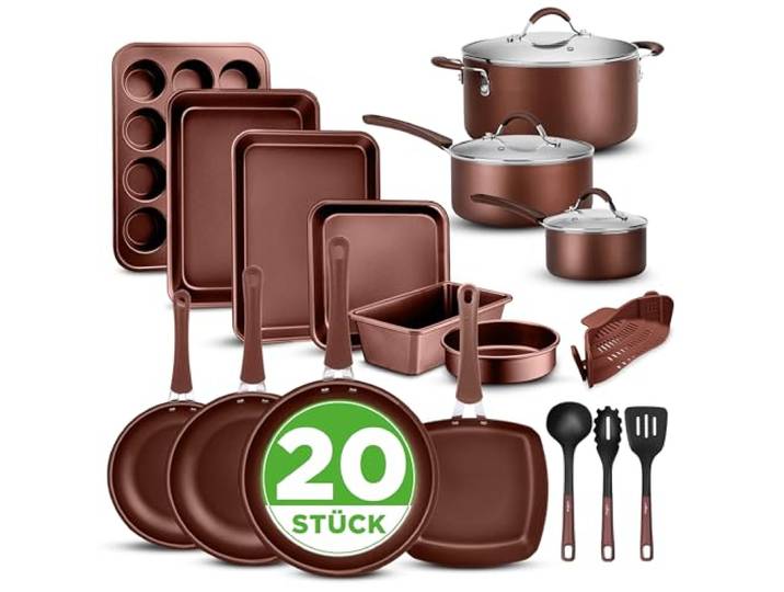 NutriChef Topf- & Pfannenset Induktion 20-teilig Braun – Antihaft-Kochgeschirr mit Deckeln & Backformen in Braun PFOA-frei, für gesundes Kochen & Backen, Aluminium Töpfe & Pfannen, für alle Herdarten