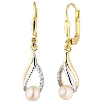 Perlenohrringe JOBO, gold (gelbgold 333, weiß), Ohrringe, Damen, Gelbgold 333 Perlen, Gelbgold 333, Perlen, 333 Gold bicolor mit Perlen und Zirkonia
