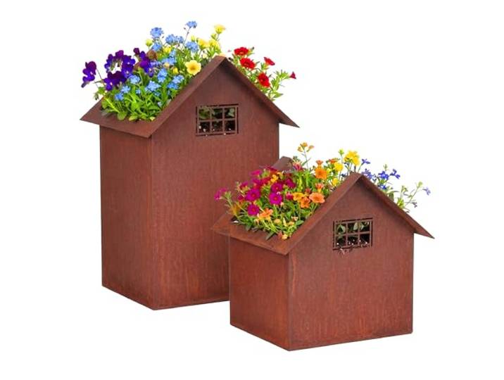 Relaxdays Déco Jardin Rouille\, lot 2 Tailles\, métal\, Pots & Maisons Lumineuses\, Jardin/Balcon\, Brun