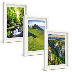 BILDER SET 3er Set - 20x30 cm Weißer Rahmen - Grüne Berge Wasserfallwald