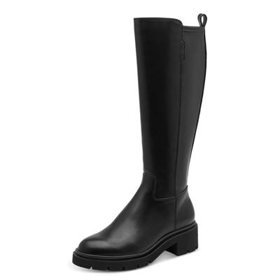 Stiefel TAMARIS, Damen, Gr. 36, Synthetik Textil, schwarz, Lederimitat, unifarben, Schuhe Stiefel, Blockabsatz, Langschaftstiefel mit dekorativer Logoprägung