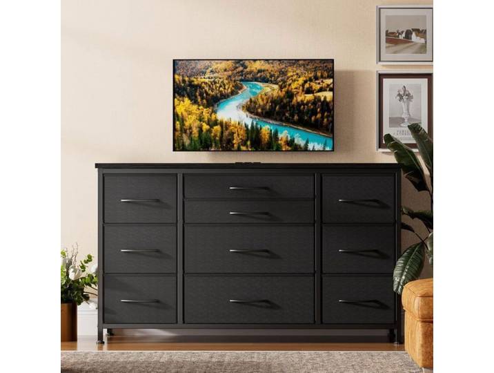 Meuble TV avec Station de Charge - Support télévision - 10 Tiroir en Tissu- Meuble de Rangement pour Salon - 121x39x70 cm
