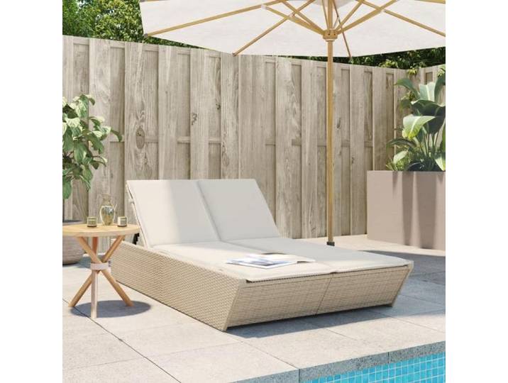 Chaise longue double avec coussins beige résine tressée 368183