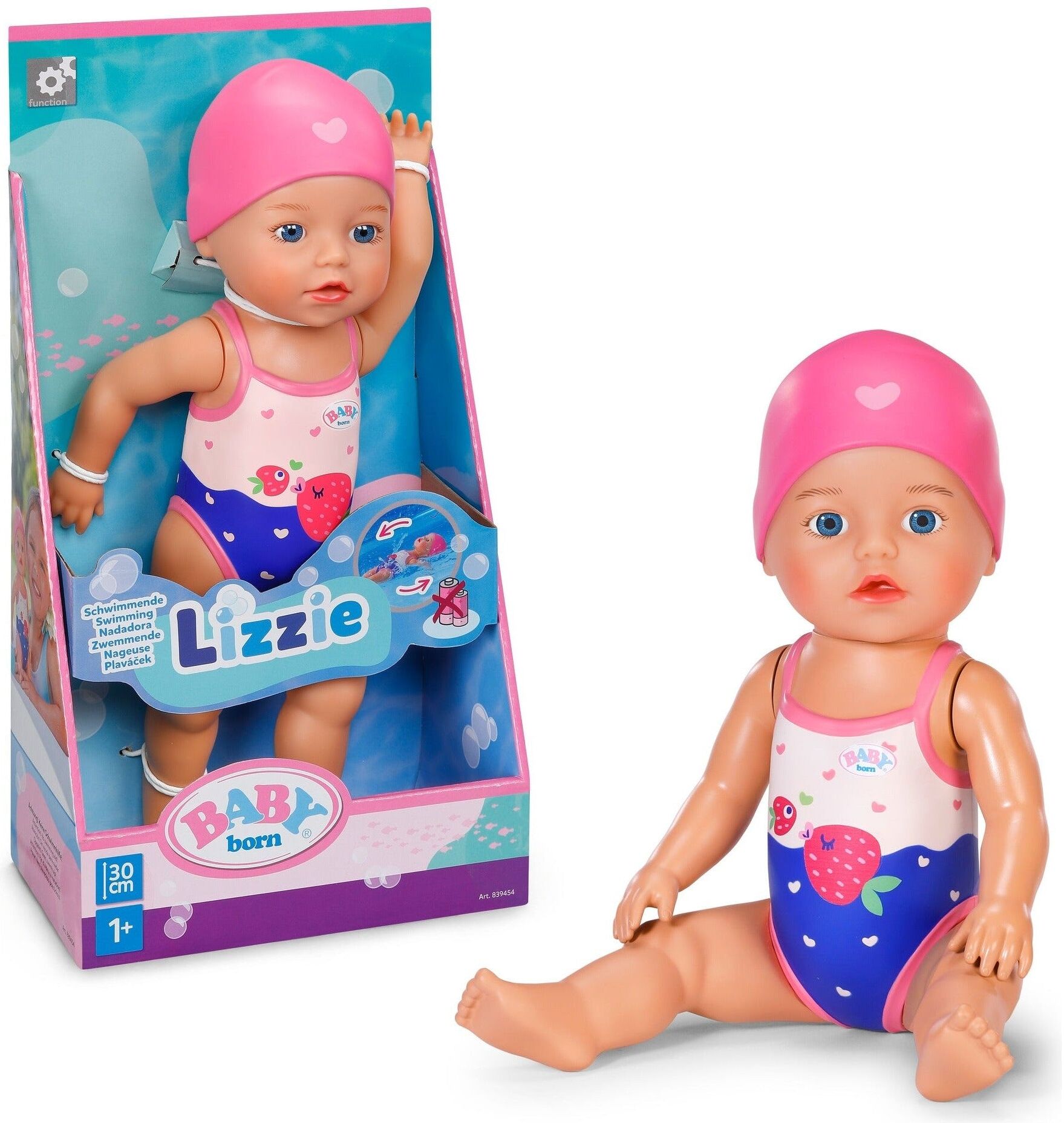 Zapf Creation BABY born Swimming Lizzie Doll 30cm - Wind-up Swimming Mechanism for Bath Time Play - Suitable for Toddlers
