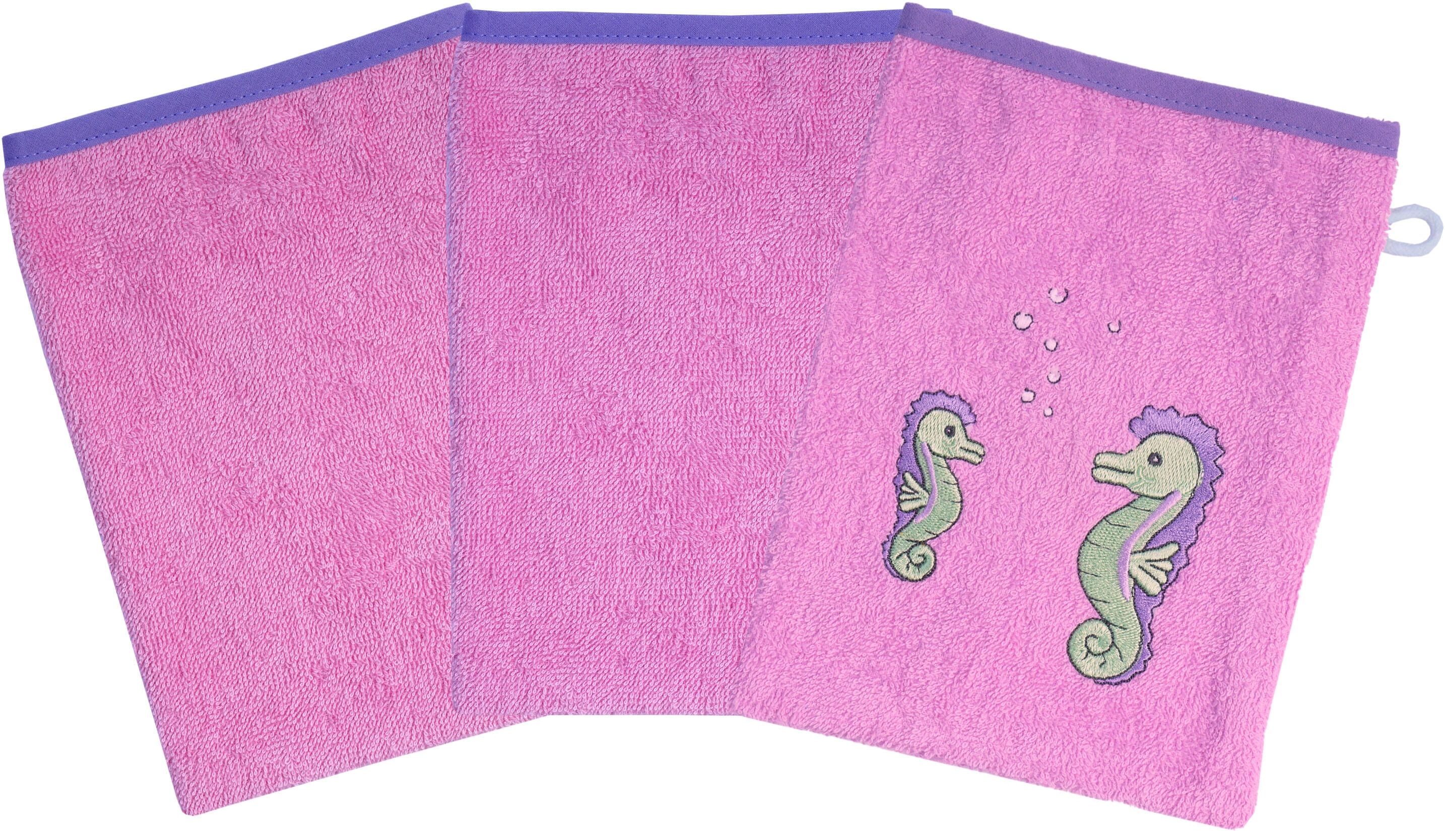 Waschhandschuh WÖRNER "Seepferdchen", flieder, B:15cm L:21cm, Frottee, Handtücher, Waschhandschuh, 3er-Set, mit Stickerei flieder B/L: 15cmx21cm, 3 Stk., Seepferdchen