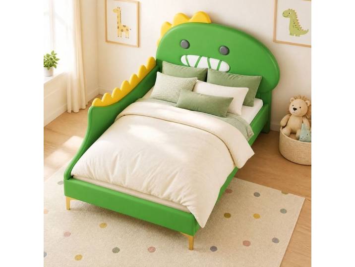 Lit enfant 1 place - ZEVKOR - Dinosaure - 90x200 cm - Tête de lit dinosaure - Structure PU & MDF vert