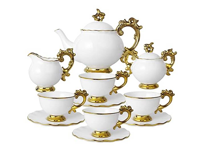fanquare 15-Teilig Britisches Porzellan Teeservice, Königlich Geschenk Kaffeeservice Set, Weiße Teekanne, Zuckerschüssel, Tasse und Untertasse