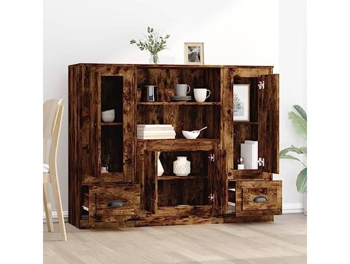 KTHLBRH Sideboards 3 Stück Eiche Rauchholz mehrschichtig 132 cm Großer Stauraum, minimalistisches Design, glatte Oberfläche, robust und stabil