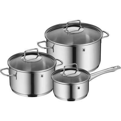 Topf-Set WMF "Astoria, Kochtopf Set Induktion mit Glasdeckel, breiter Schüttrand", grau (edelstahl), B:29cm H:17cm L:54cm, Töpfe, hochglanzpoliert, für alle Herdarten geeignet, hochwertige Qualität