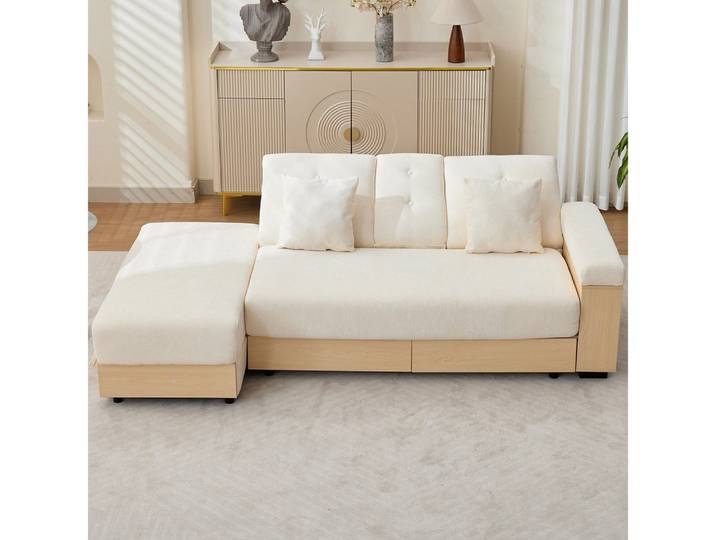 BBWL Sofa 217cm mit verstellbarer Rückenlehne, Hocker, Getränkehalter, Wohnlandschaft Sofa mit Stauraum Chenille Stoff, Schlafsofa
