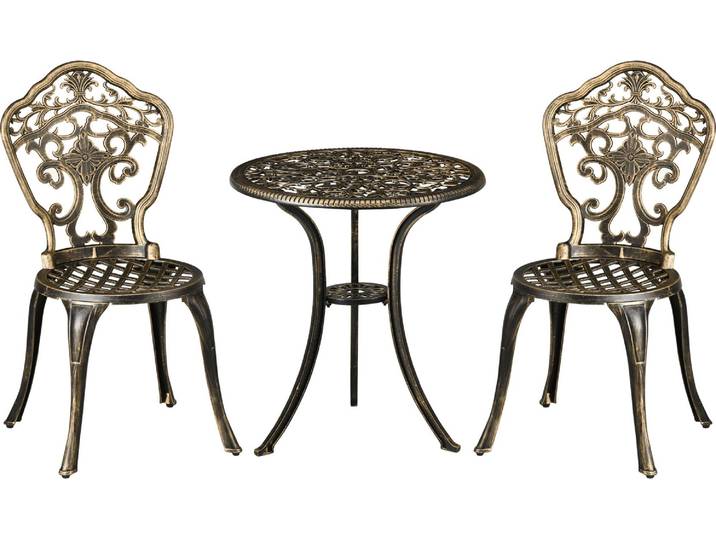 Outsunny Ensemble bistrot pour jardin en aluminium salon de jardin 3 pièces 2 chaises + 1 table ronde imitation fer forgé bronze