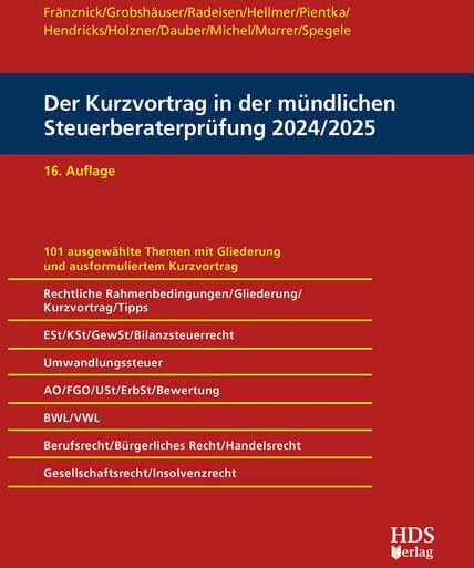 Thomas Fränznick - Der Kurzvortrag in der mündlichen Steuerberaterprüfung 2024/2025 - Preis vom 09.10.2026 07:28:09 h