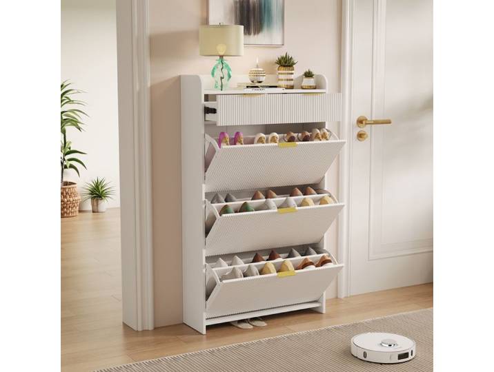 Meuble à Chaussures Moderne Blanc avec Rangement 4 Tiroirs + Espace de Présentation Design Minimaliste