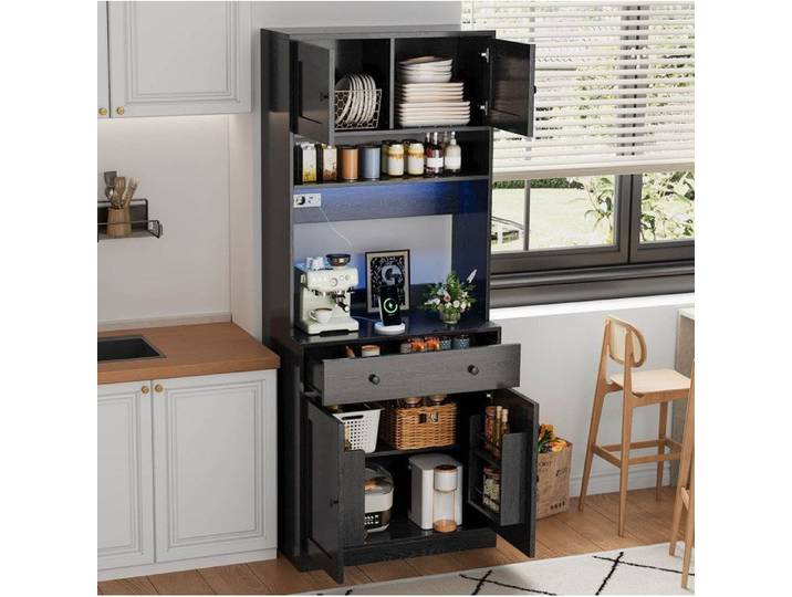 Meuble Colonne de Cuisine avec LED RGB Prises et Grand Tiroir - ELVMI - en MDF Noir 72 × 40 × 180 cm