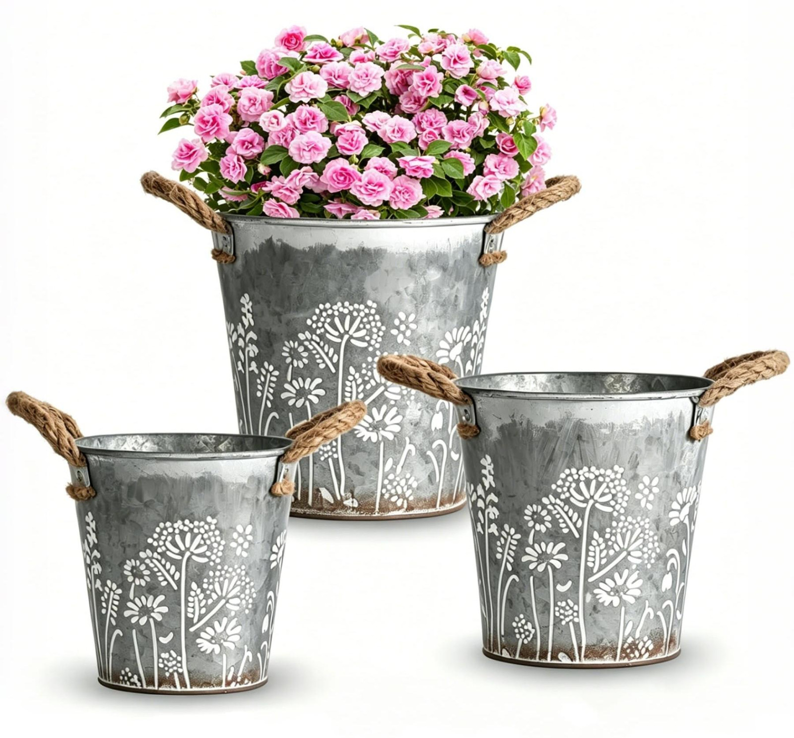 Set van 3 vintage metalen bloempotten