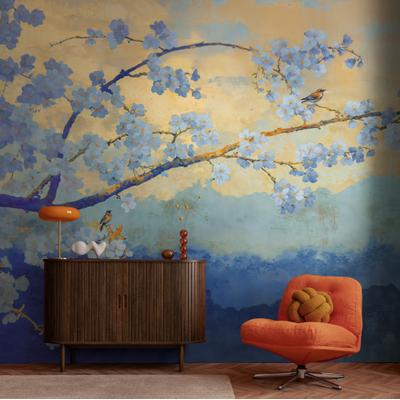 Fototapete LIVING WALLS "The Wall 4 Flowers – Blühende Äste vor Bergkulisse Vlies-Fototapete", blau, B:3,71m H:0m L:2,8m, Vinyl, Vlies, Tapeten, Blühende Äste vor Bergkulisse mit dekorativer Tiefenwirkung
