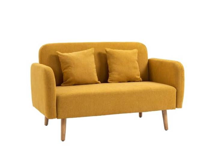 HOMCOM Sofa 2 Sitzer Couch mit 2 Wurfkissen Samtopik Gelb 130 x 70 x 80 cm