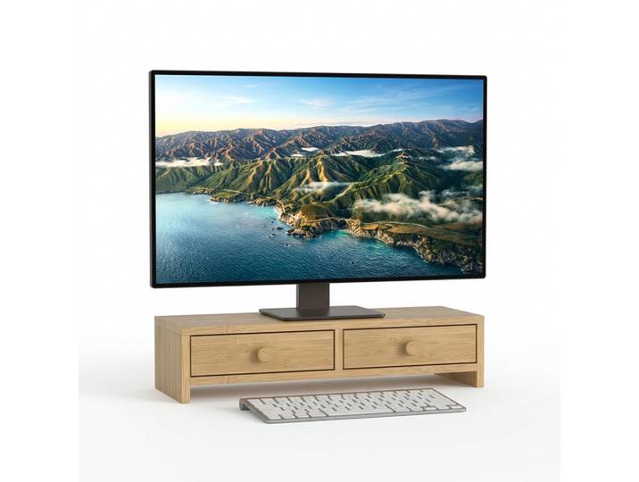 Relaxdays Monitorständer Braun Holzoptik MDF 2 Schubladen, Hellbraun, Holzwerkstoff, 47x12.5x18 cm, Büromöbel, Schreibtische