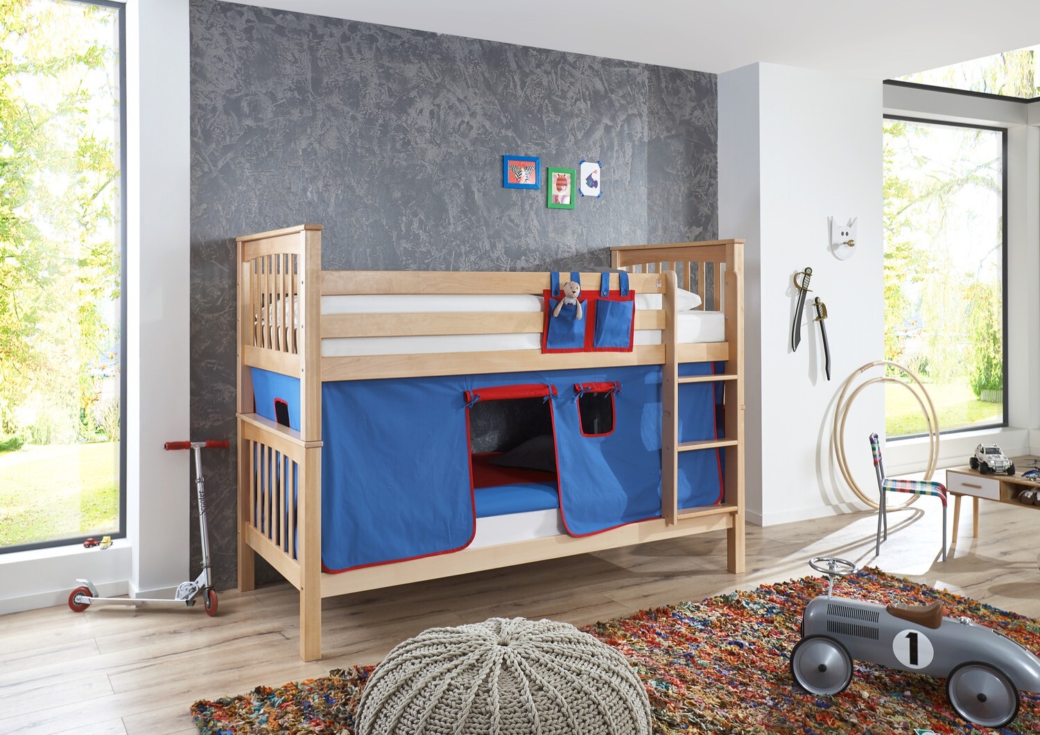 Etagenbett mit hohem Kopf- und Fußteil Kick Buche Natur lackiert 90x200 cm