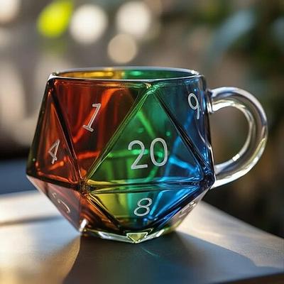 Regenbogen d20 Würfelbecher, polyedrische Würfel Kaffeetasse mit Henkel, transparente Glasspieltasse für RPG-Liebhaber, Spieleabend-Tassen Geschenk für Fantasy-Liebhaber
