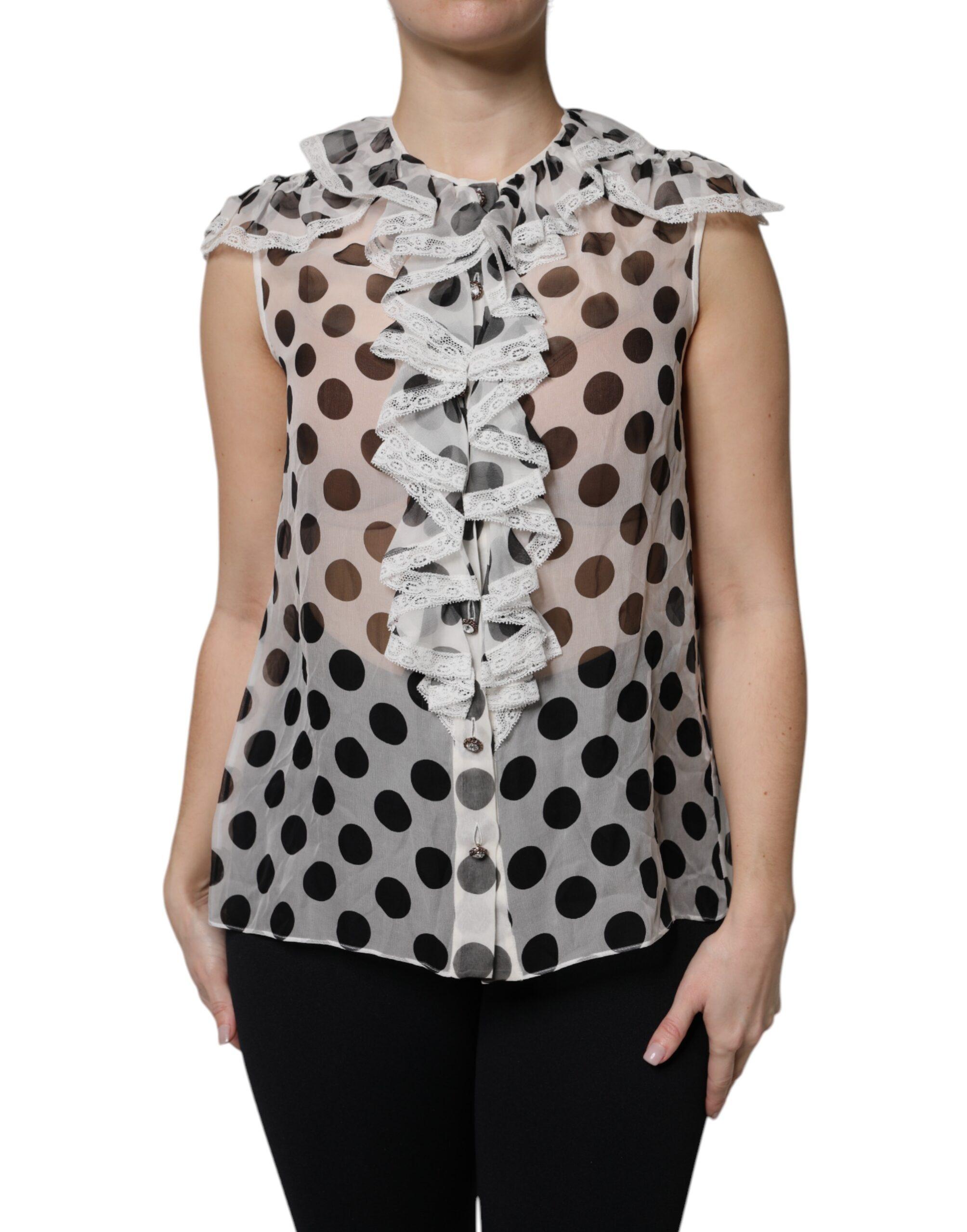 Punkte-Seidenbluse mit Rüschenkragen