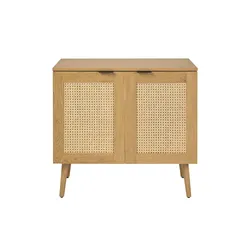 Badezimmermöbel mit heller Holzoptik, Rohrgeflecht aus Rattan und schwarzem Metall L80 cm MANILLE