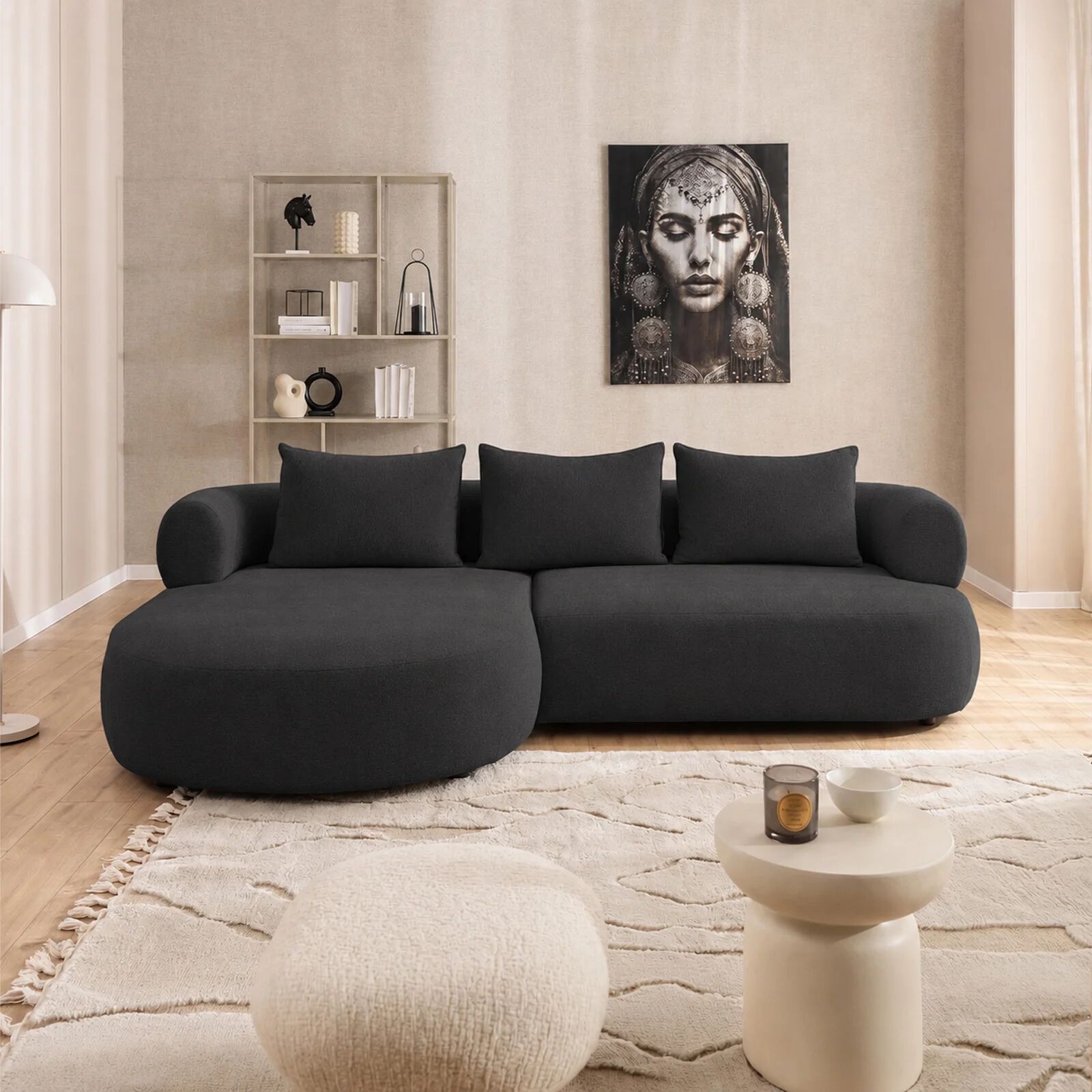 garneroarredamenti Divano angolare sinistro 256x156cm tessuto vellutato antracite Abbraccio