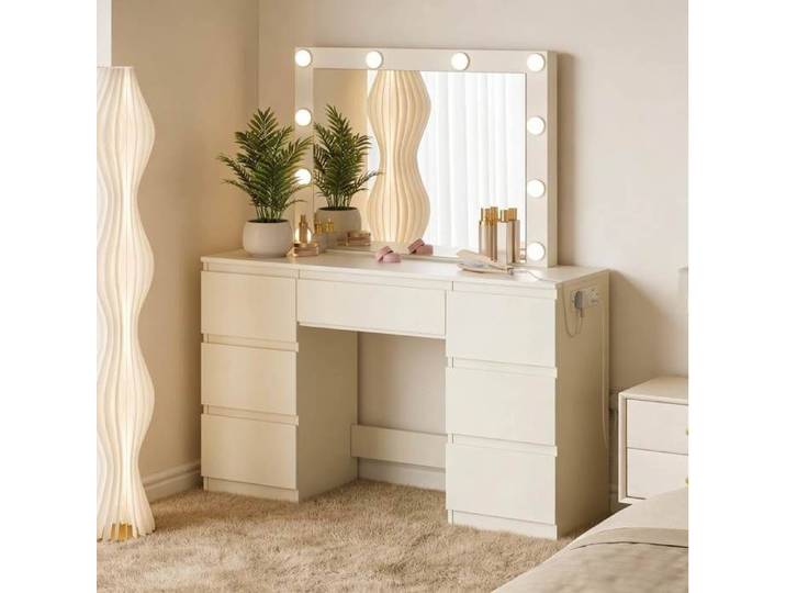MEULVA Coiffeuse blanche avec miroir LED 7 tiroirs prises intégrées meuble de chambre et bureau