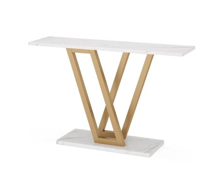 ELVORIN Table console d'entrée 110 x 30 x 80 cm MDF E1 et métal pieds en V blanc et doré