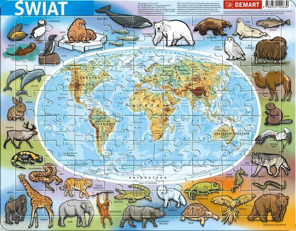 Demart Puzzel Wereldkaart met houten frame, 72 stukjes