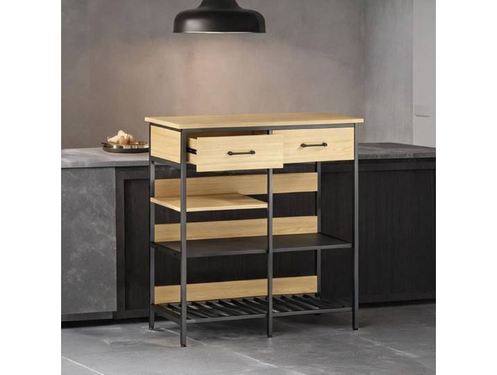 Buffet bas en bois aspect naturel 90x40x91 cm style industriel 2 tiroirs 3 niches - cuisine salon