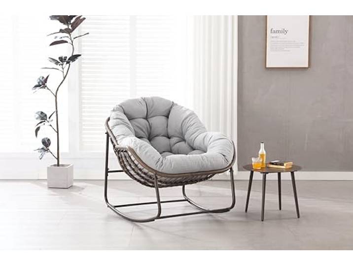 Ball & Cast Schaukelstuhl Outdoor, Rocking Chair mit Gepolstertem Kissen, Relaxsessel Schwingsessel für Garten, Balkon & Terrasse, Hellgrau
