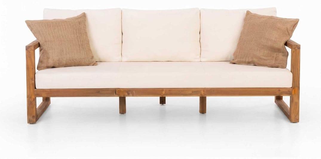 Modernes 3-Sitzer Gartensofa Beige Holzgestell Polstersofa
