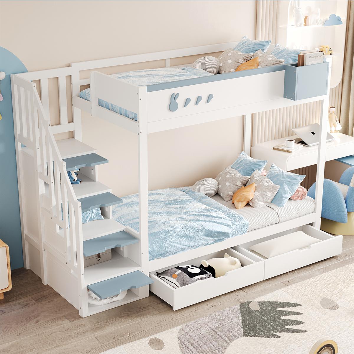 Kinderbett mit Abnehmbarem Ablagefach und Sicherer Aufbewahrungsleiter Etagenbett Jugendbett 90*200 cm Weiß + Blau