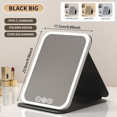 Fusion Finds Rechargeable LED Makeup Mirror With 3 Color Lights Touch Dimmable Travel Vanity Mirror big Black
