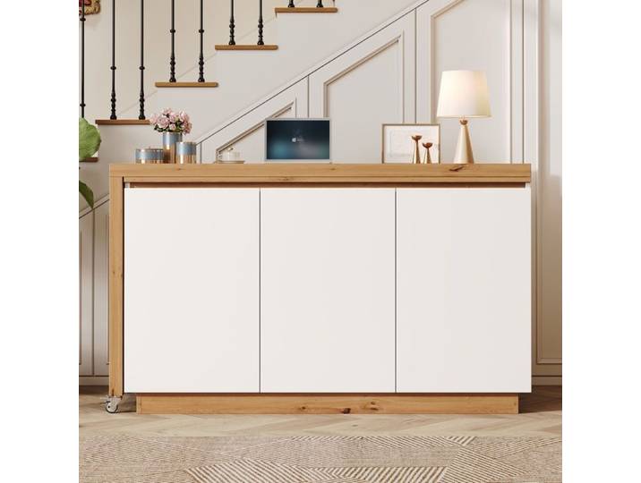 Bureau pivotant 3 portes - 124 x 45 x 82 cm - Bureau d'Angle et Meuble de Rangement pliable avec Portes - Blanc et Chêne