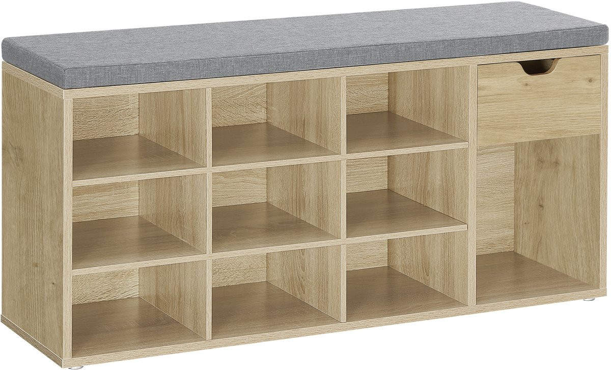 Oskar Schoenenkast met zitkussen - Artisan eiken - Grijze zitting - Industrieel design