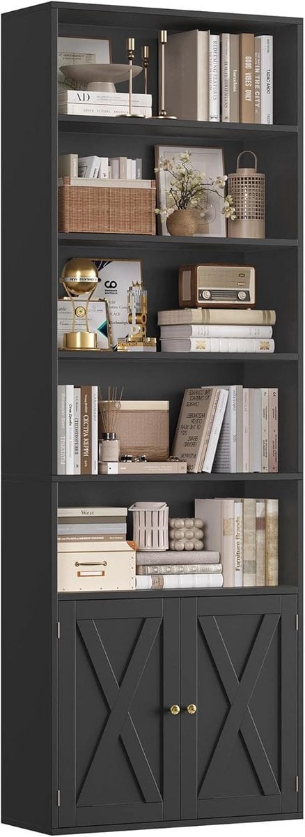 Multifunctionele Hoge Boekenkast met 7 Vakken en Deuren in Wood Effect, Hoogte: 209 cm