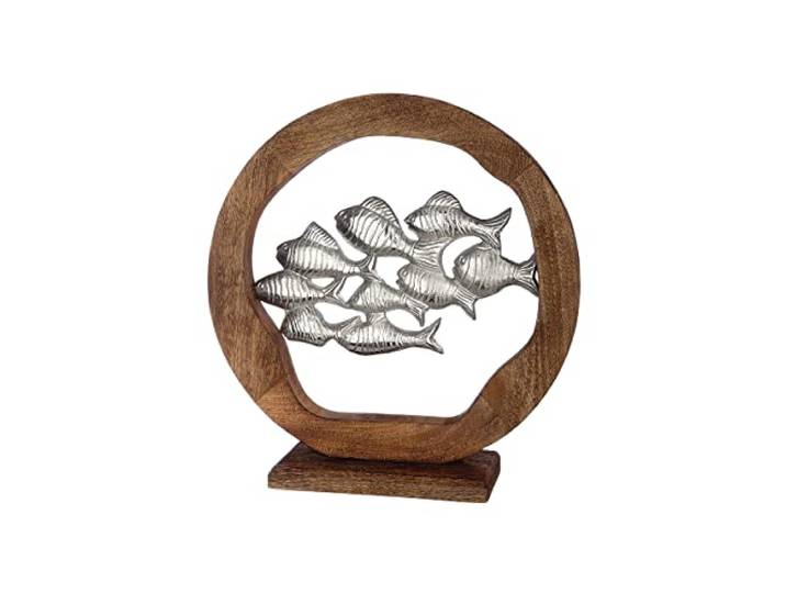 GILDE Dekoobjekt Standdeko Fisch Fischschwarm - Maritime Dekoration aus Holz und Aluminium - Ø 45 cm Höhe 13 cm